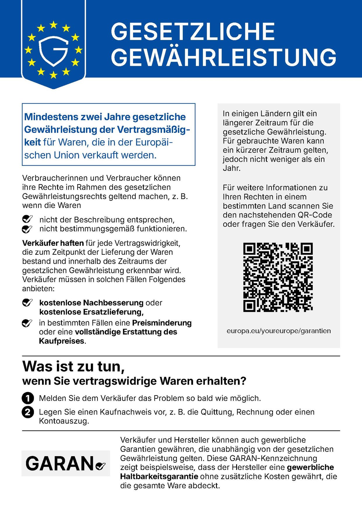 Harmonisierter EU-Hinweis: Gesetzliche Gewährleistung – mindestens zwei Jahre gesetzliche Gewährleistung der Vertragsmäßigkeit für Waren, die in der Europäischen Union verkauft werden.