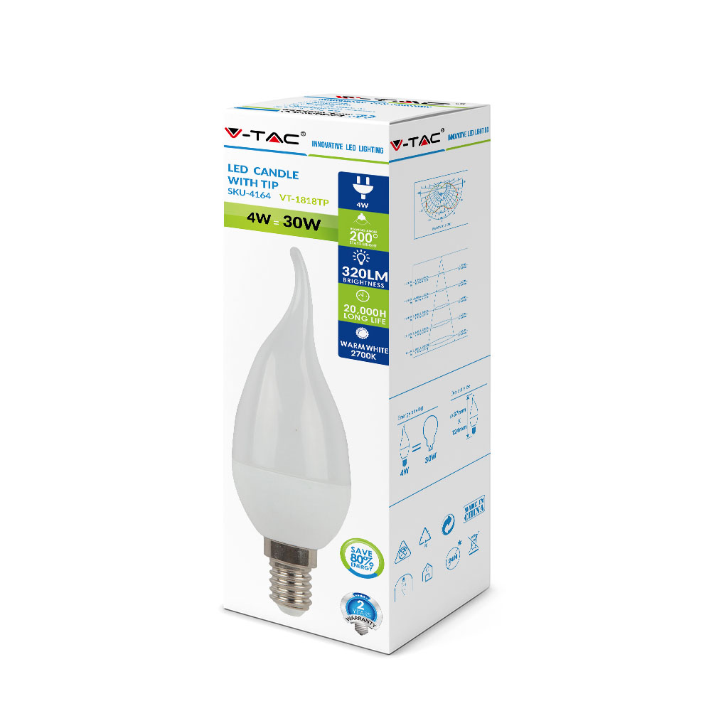 V-TAC Kerzenlampe E14 4W Kerze Warmweiss 125mm IP20