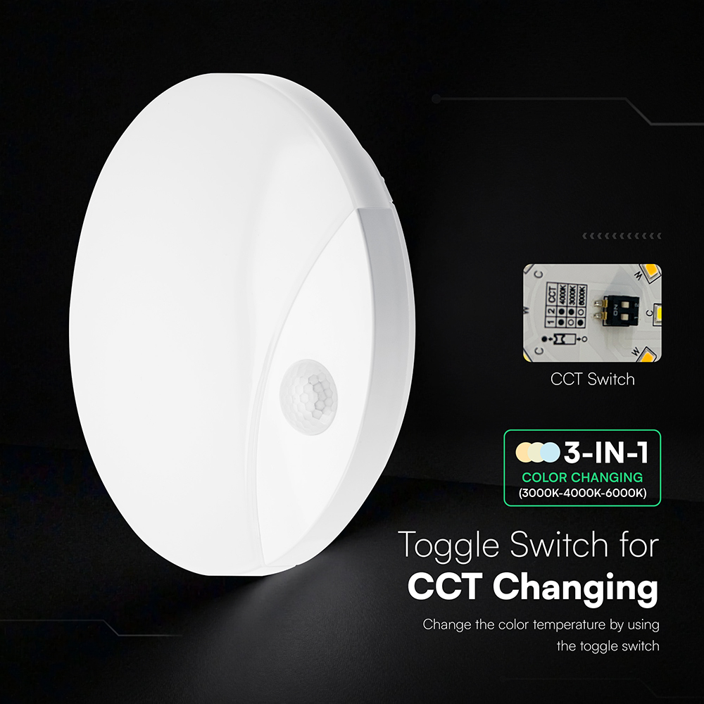 V-TAC LED-Wandleuchte rund 15W mit PIR-Bewegungsmelder CREE-Chip CCT 3in1 weiß