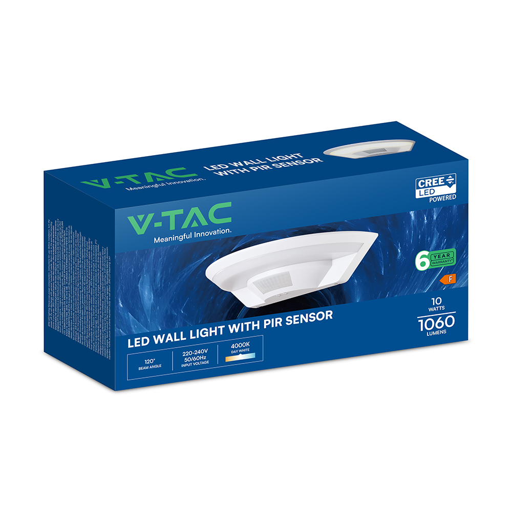 V-TAC LED-Wandleuchte 10W mit PIR-Bewegungsmelder CREE-Chip Neutralweiß 4000K weiß