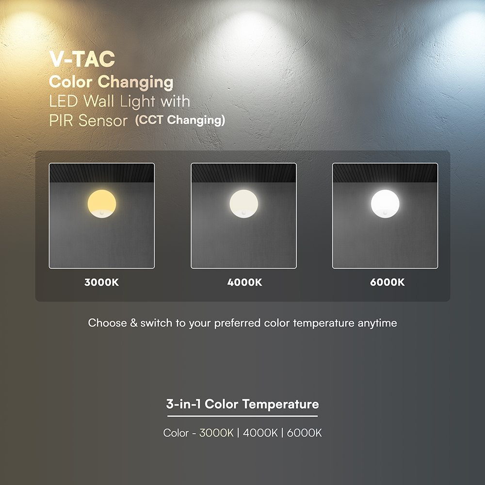 V-TAC LED-Wandleuchte rund 15W mit PIR-Bewegungsmelder CREE-Chip CCT 3in1 weiß
