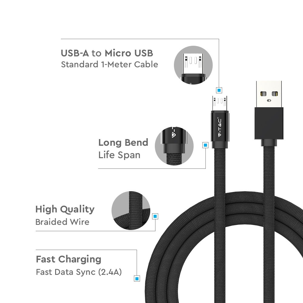 V-TAC USB Kabel Micro USB 2,4A 75mm